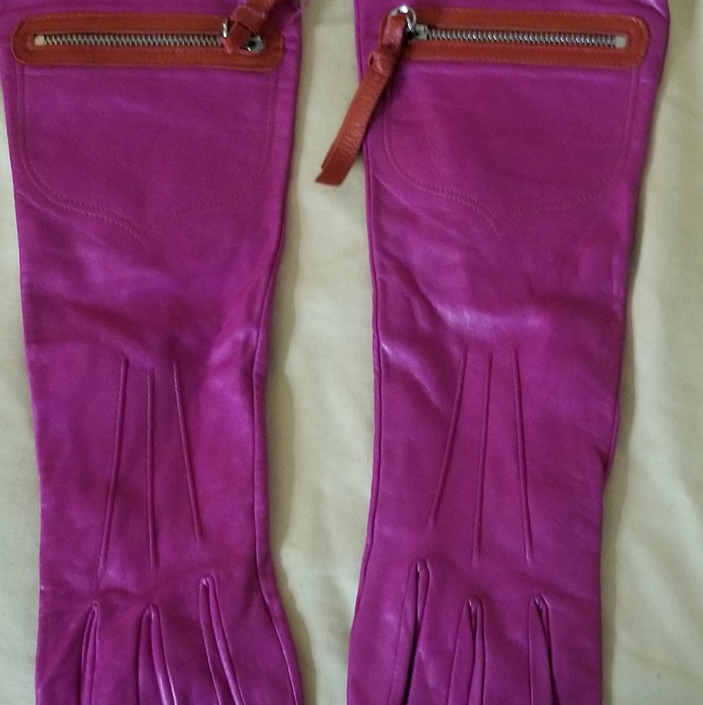 Pink Coach Long Leather Gloves zipper pockets